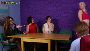 CFNM dommes deepthroating older shaft during group action